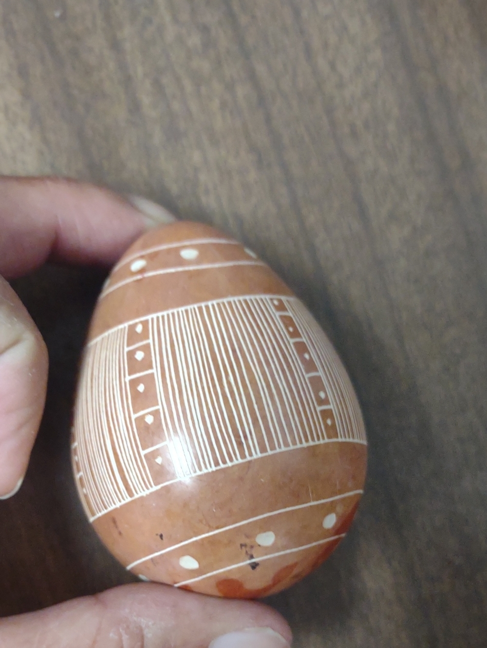 Carved Stone Decorative Ceramic Egg - Brown with White Pattern
